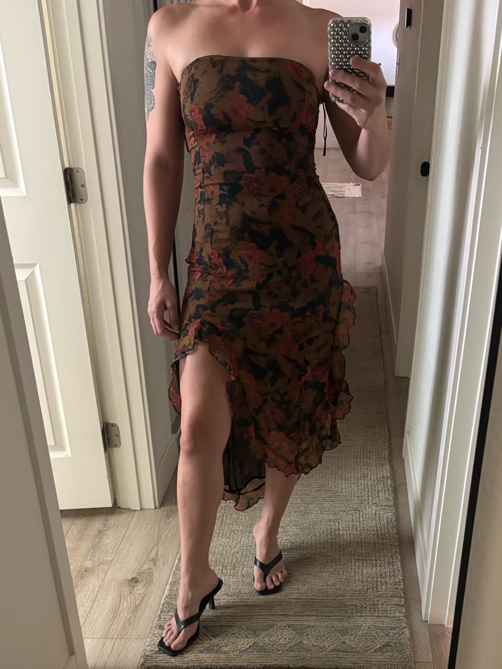 Urban Outfitters Strapless Floral Ruffle Midi Dress in Brown-NWT
